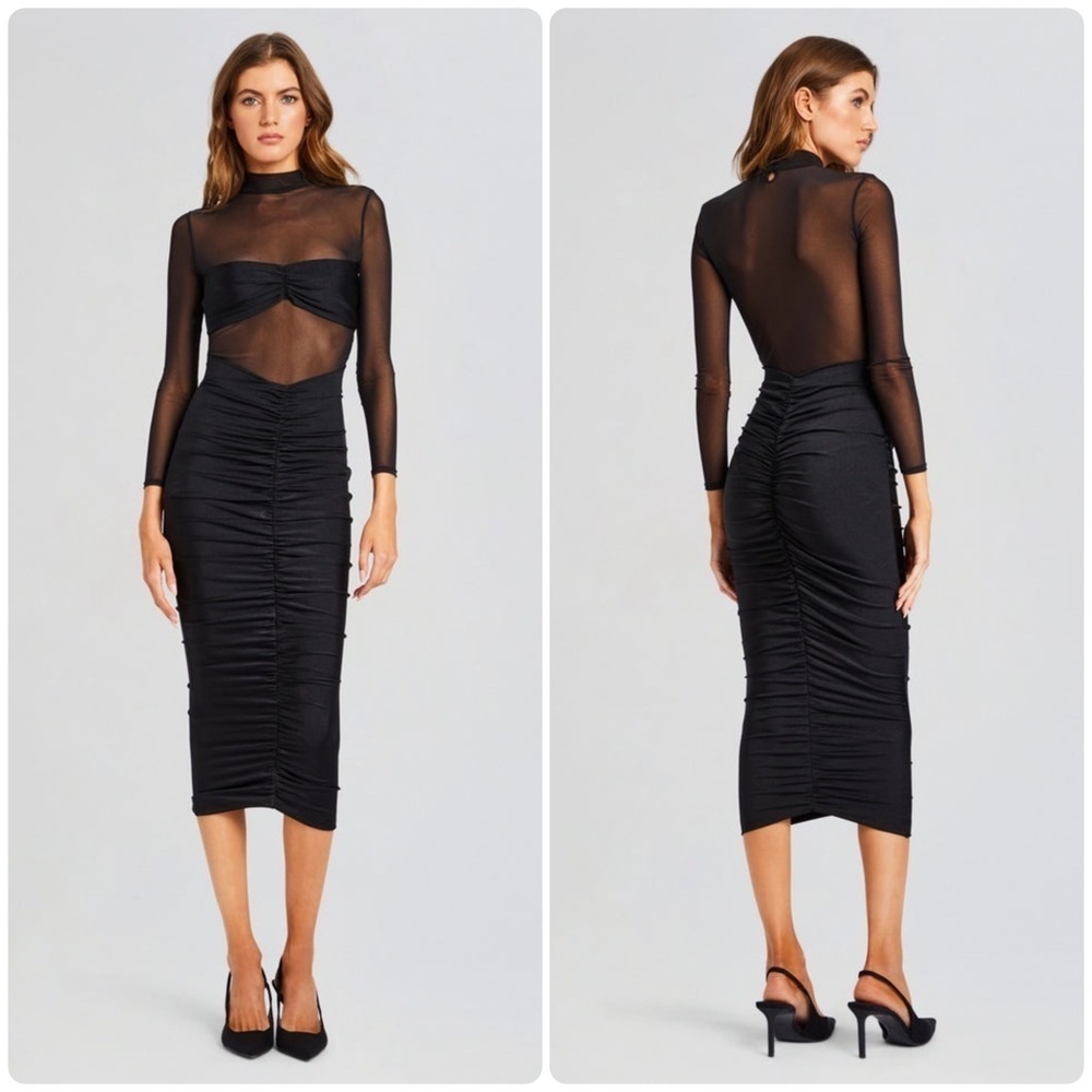 New! SER.O.YA Levina Sheer Ruched Midi Dress Mock Neck Long Sleeve 🖤 XS NWT!